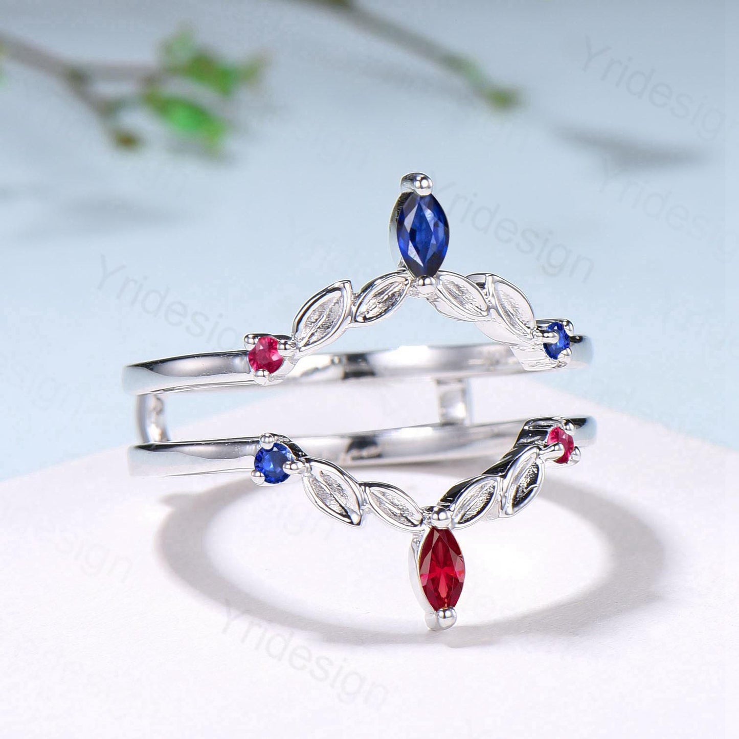 Vintage Sapphire Ruby Wedding Band Ring Ladies Blue Sapphire Wedding Ring Curved Enhancer Stacking Bridal Matching Ring Anniversary Gift