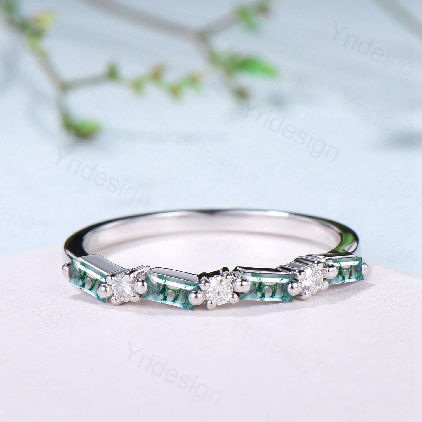 Vintage Baguette Cut Moss Agate Wedding Band Women Unique Natural Agate Stackable Ring Half Eternity Matching Band Promise Anniversary Gift