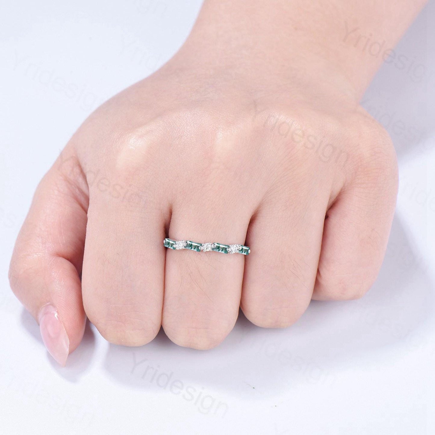 Vintage Baguette Cut Moss Agate Wedding Band Women Unique Natural Agate Stackable Ring Half Eternity Matching Band Promise Anniversary Gift