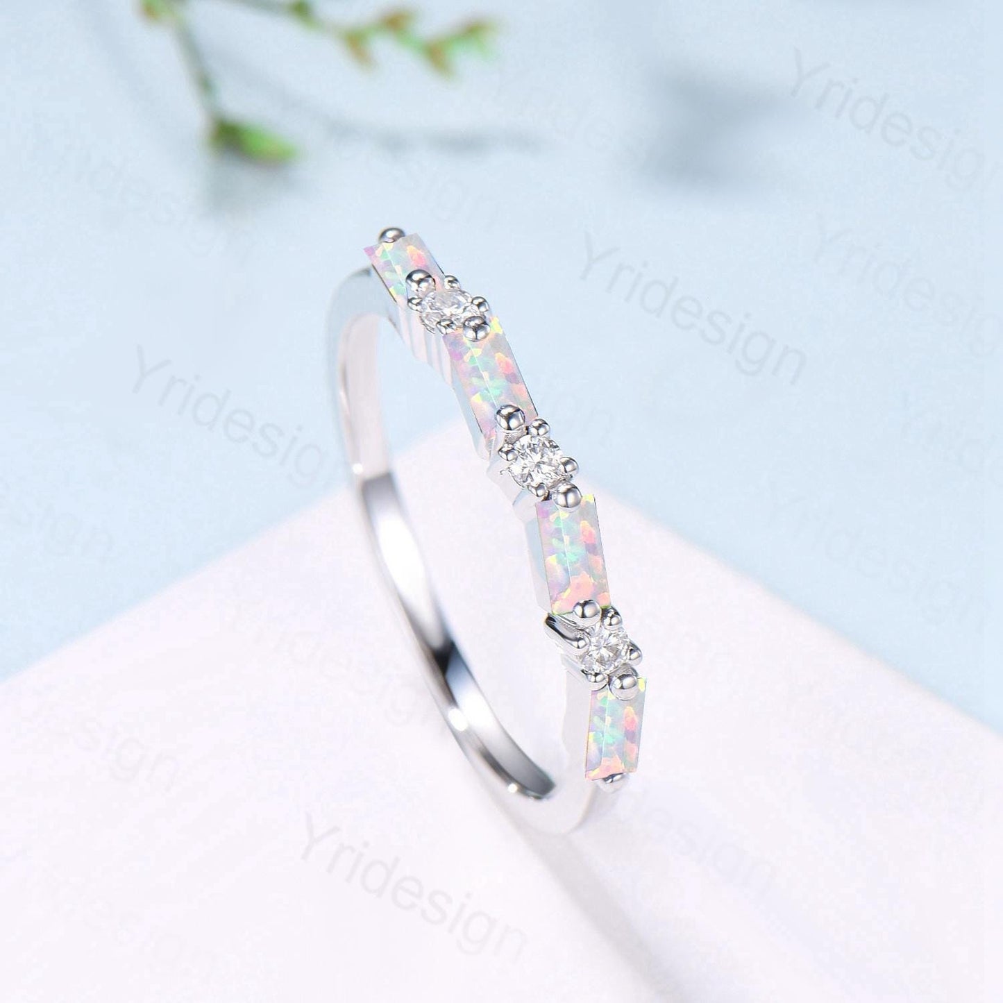 Unique Baguette cut Opal wedding band Vintage Moissanite wedding band Half eternity anniversary Wedding band Bridal Matching Stackable band