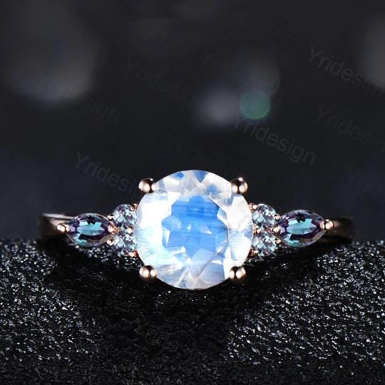 1ct Round Natural Moonstone Engagement Ring Color-Change Marquise Alexandrite Wedding Ring Women June Birthstone Anniversary Promise Gift
