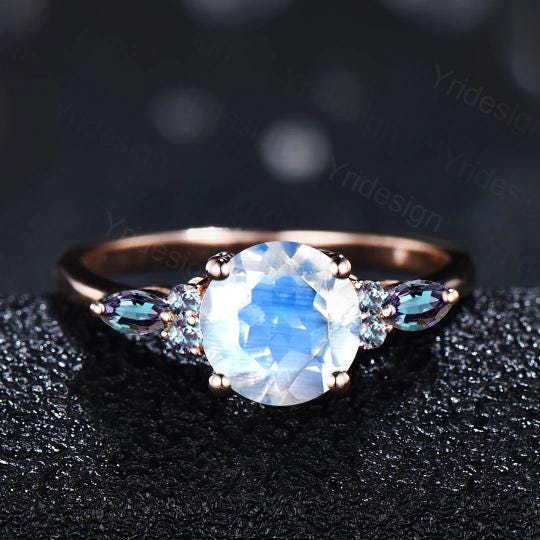 1ct Round Natural Moonstone Engagement Ring Color-Change Marquise Alexandrite Wedding Ring Women June Birthstone Anniversary Promise Gift
