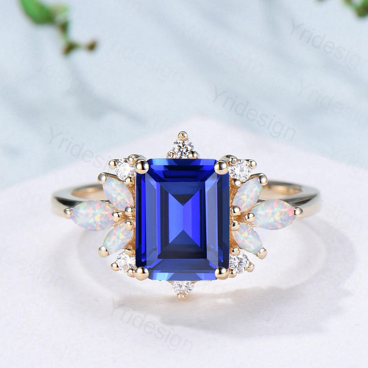 Vintage Sapphire Engagement Ring Emerald Cut 14K Yellow Gold Cluster Marquise Cut White Opal Wedding Ring Anniversary Promise Gift For Women