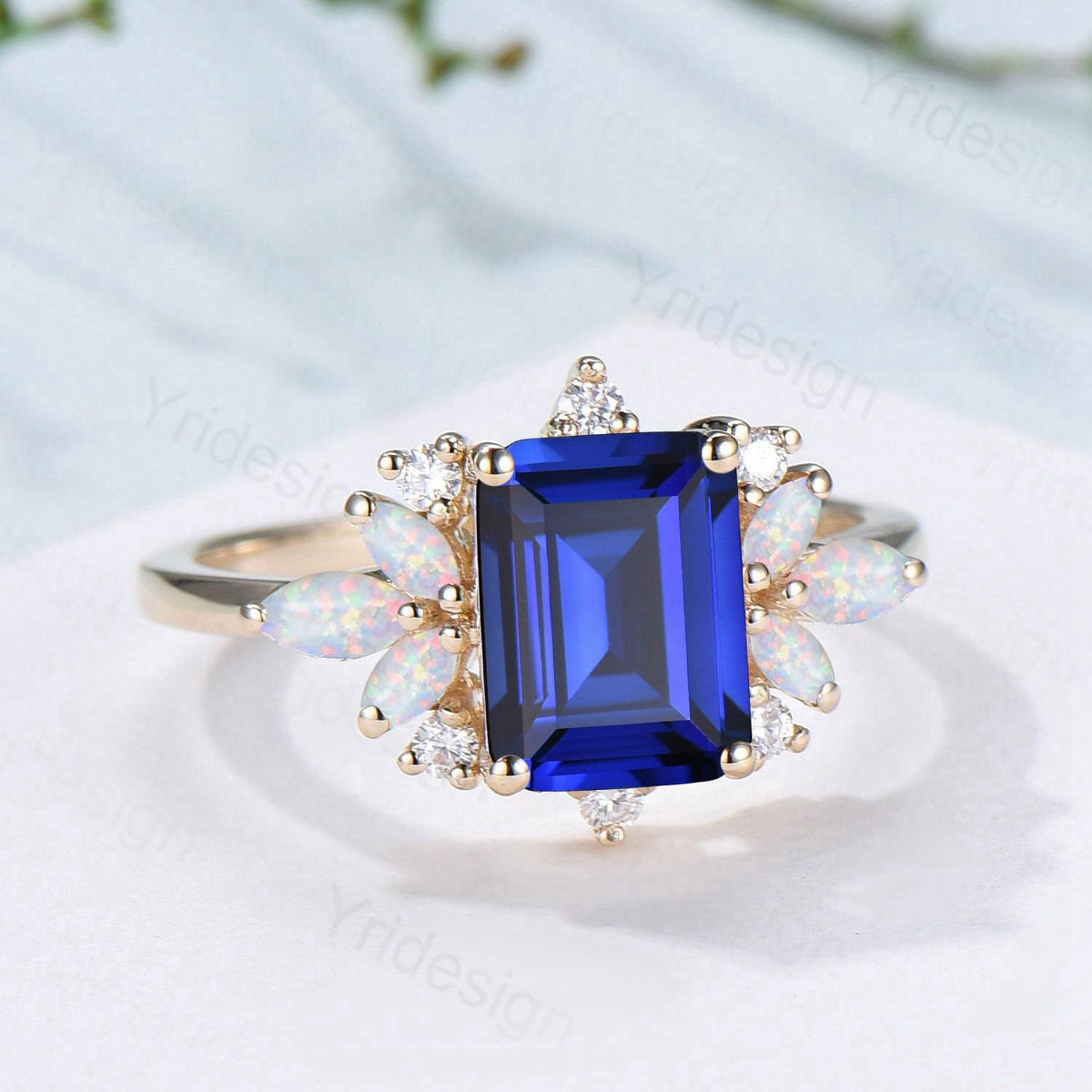 Vintage Sapphire Engagement Ring Emerald Cut 14K Yellow Gold Cluster Marquise Cut White Opal Wedding Ring Anniversary Promise Gift For Women