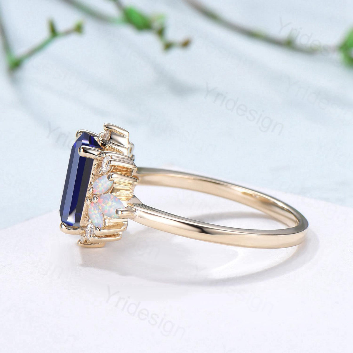 Vintage Sapphire Engagement Ring Emerald Cut 14K Yellow Gold Cluster Marquise Cut White Opal Wedding Ring Anniversary Promise Gift For Women