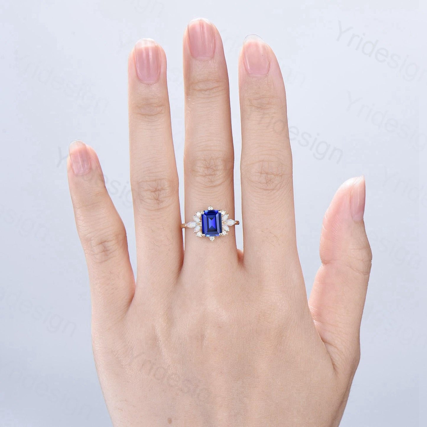 Vintage Sapphire Engagement Ring Emerald Cut 14K Yellow Gold Cluster Marquise Cut White Opal Wedding Ring Anniversary Promise Gift For Women