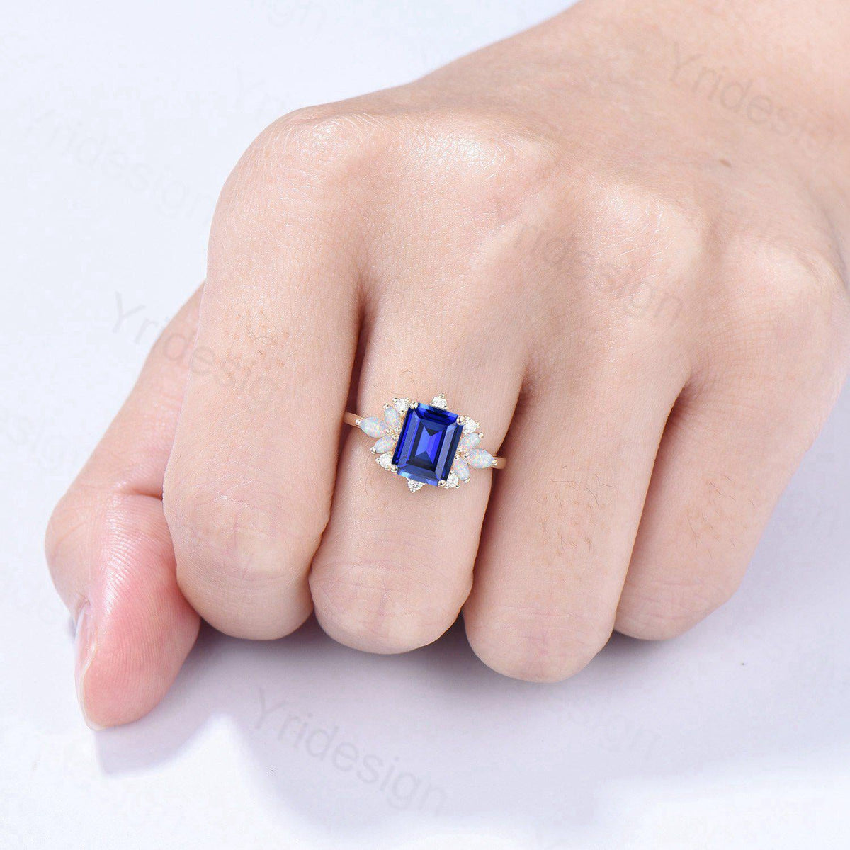 Vintage Sapphire Engagement Ring Emerald Cut 14K Yellow Gold Cluster Marquise Cut White Opal Wedding Ring Anniversary Promise Gift For Women