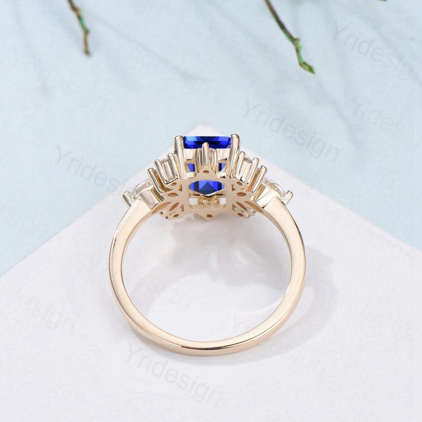 Vintage Sapphire Engagement Ring Emerald Cut 14K Yellow Gold Cluster Marquise Cut White Opal Wedding Ring Anniversary Promise Gift For Women