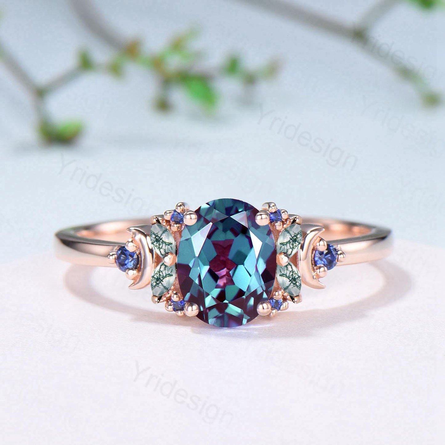 Unique Oval Alexandrite Engagement Ring Cluster Sapphire Marquise Moss Agate Moon Ring Floral Rose Gold Handmade Anniversary Proposal Gift