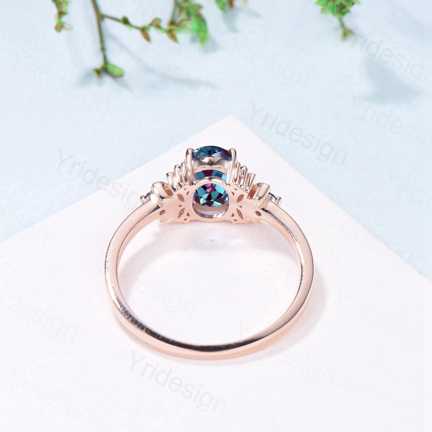 Unique Oval Alexandrite Engagement Ring Cluster Sapphire Marquise Moss Agate Moon Ring Floral Rose Gold Handmade Anniversary Proposal Gift