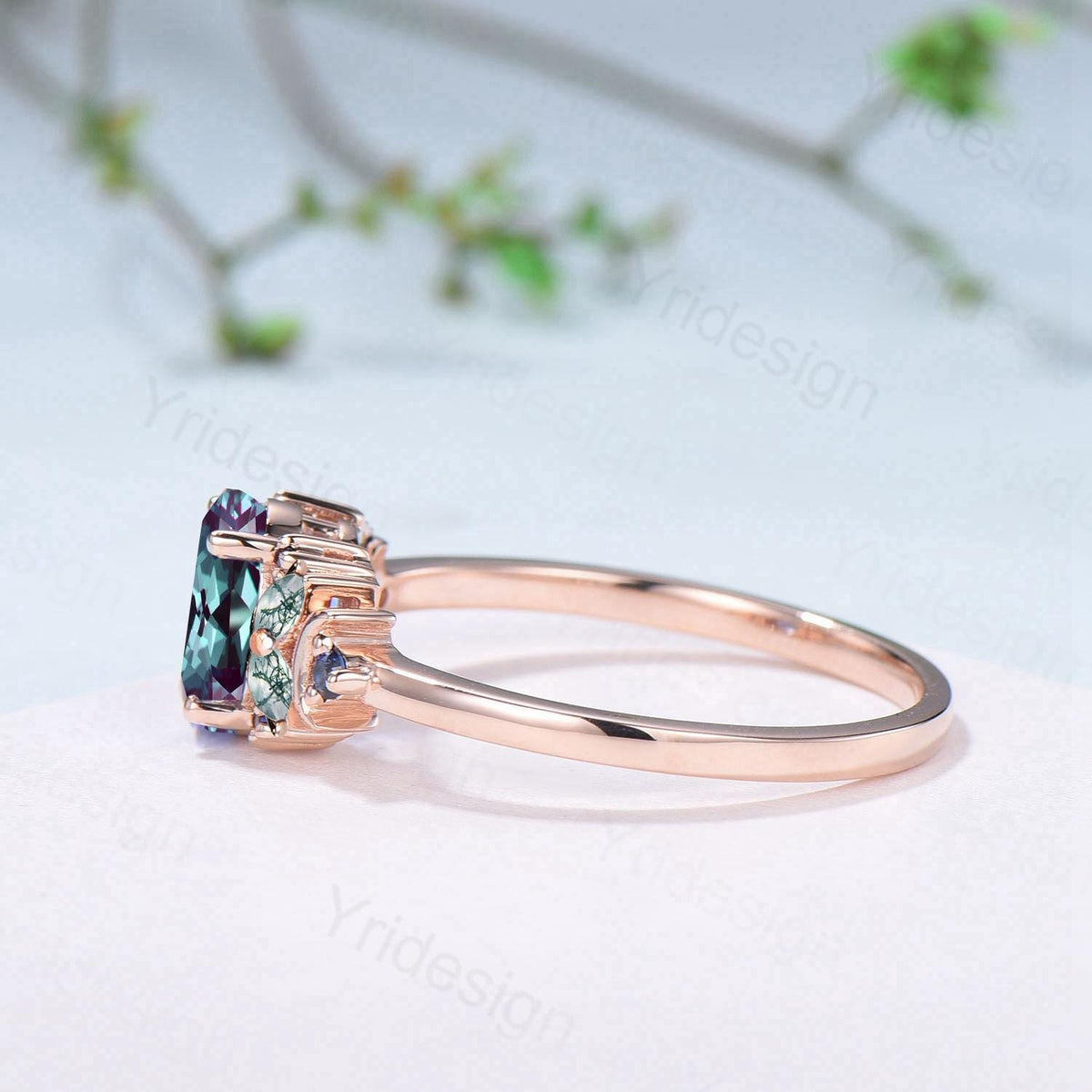 Unique Oval Alexandrite Engagement Ring Cluster Sapphire Marquise Moss Agate Moon Ring Floral Rose Gold Handmade Anniversary Proposal Gift