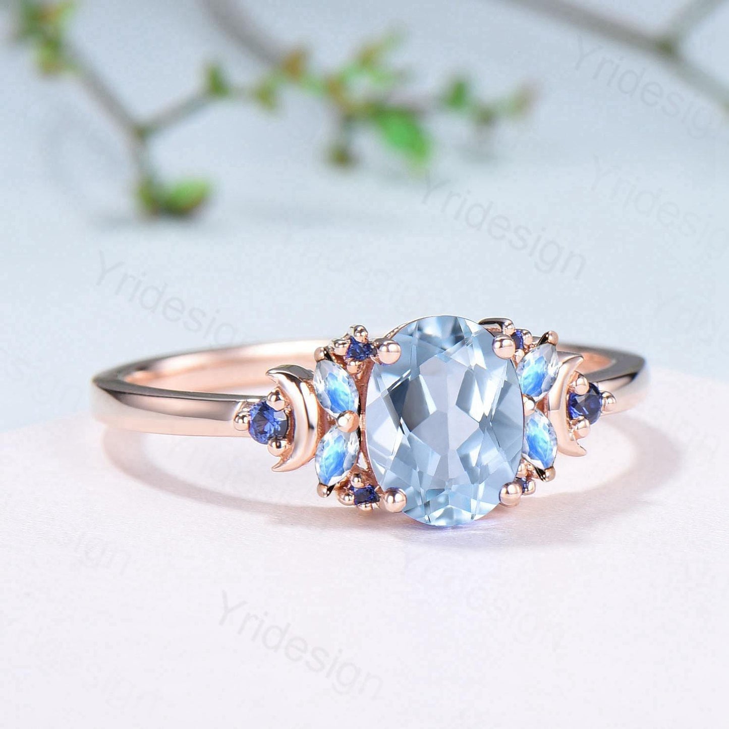 Unique Natural Oval Aquamarine Engagement Ring Cluster Sapphire Moonstone Moon Wedding Ring Floral 14K Rose Gold Anniversary Proposal Gift