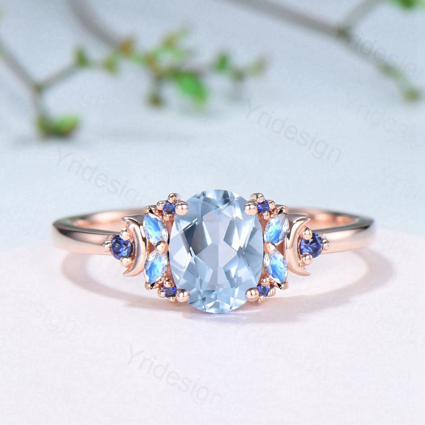 Unique Natural Oval Aquamarine Engagement Ring Cluster Sapphire Moonstone Moon Wedding Ring Floral 14K Rose Gold Anniversary Proposal Gift