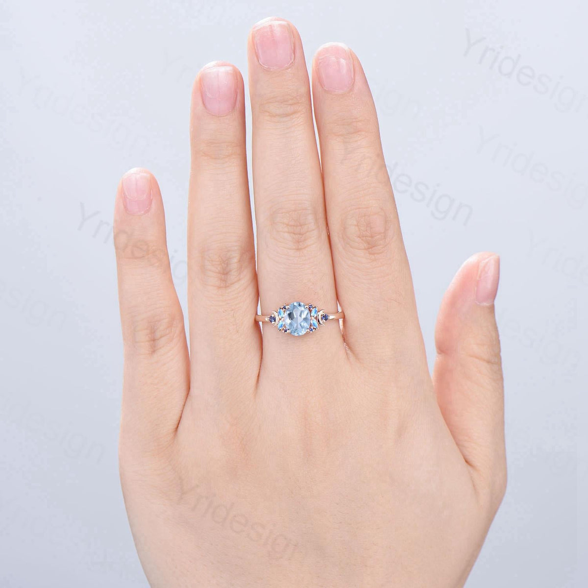 Unique Natural Oval Aquamarine Engagement Ring Cluster Sapphire Moonstone Moon Wedding Ring Floral 14K Rose Gold Anniversary Proposal Gift
