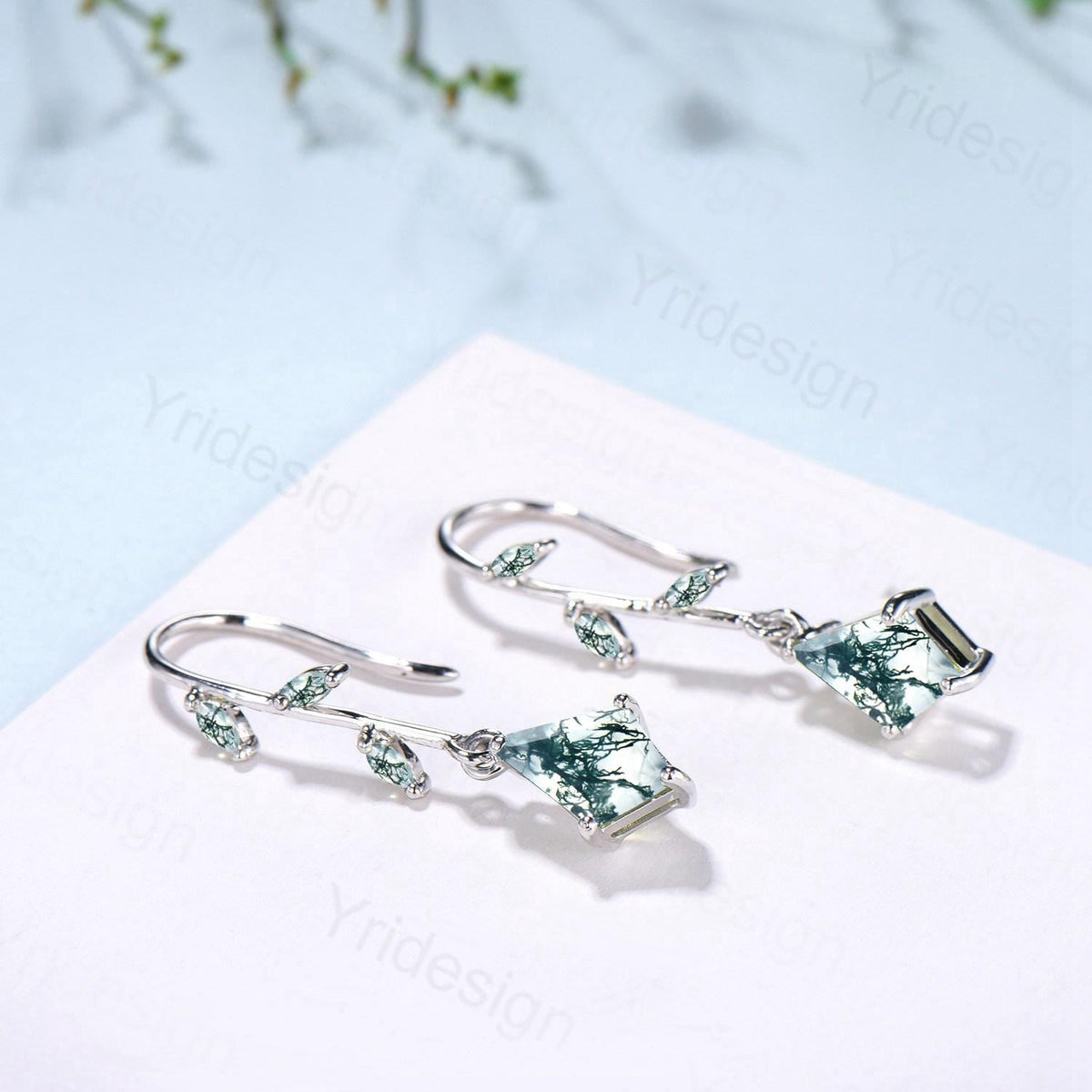 Vintage kite moss agate earrings Unique pinwheel earrings marquise agate drop stud earrings dainty green gemstone anniversary promise gift