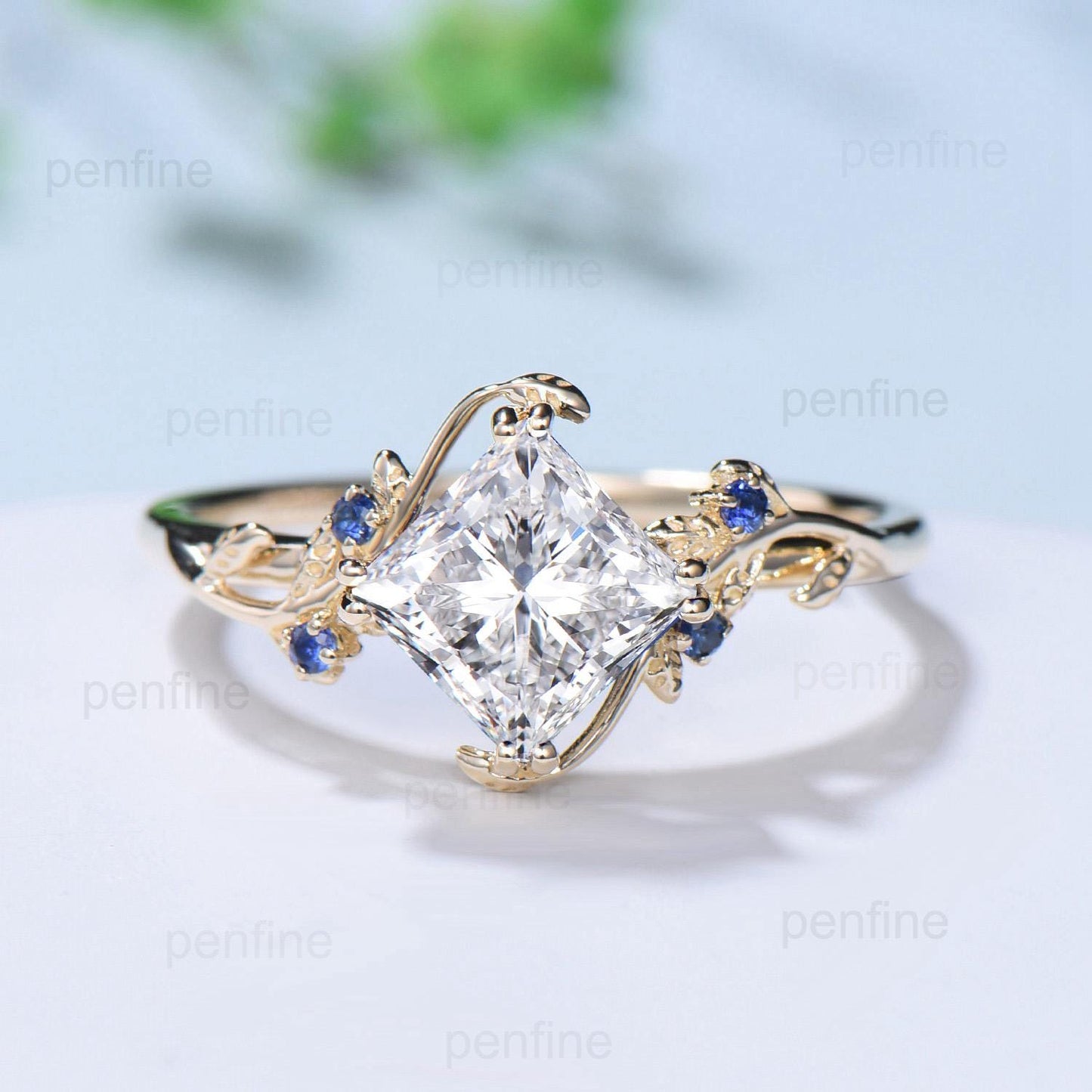 2CT Princess Cut Moissanite Engagement Ring Nature Inspired Sapphire Leaf Twig Gold Ring
