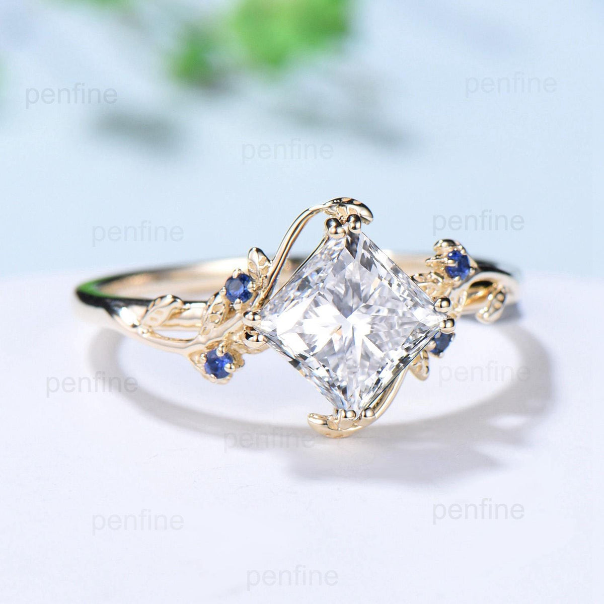 2CT Princess Cut Moissanite Engagement Ring Nature Inspired Sapphire Leaf Twig Gold Ring