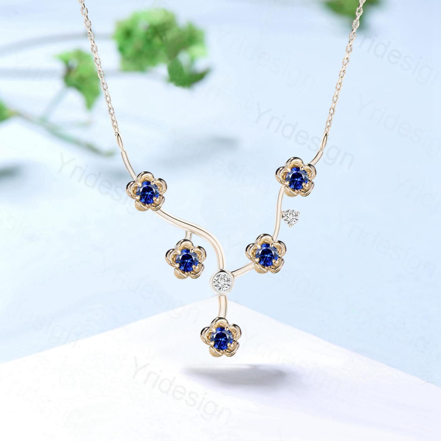 Unique Enhanced Floral Sapphire Necklace Nature Inspired Sapphire Necklace Flower Pendant Snowflake branch Promise Anniversary gift women