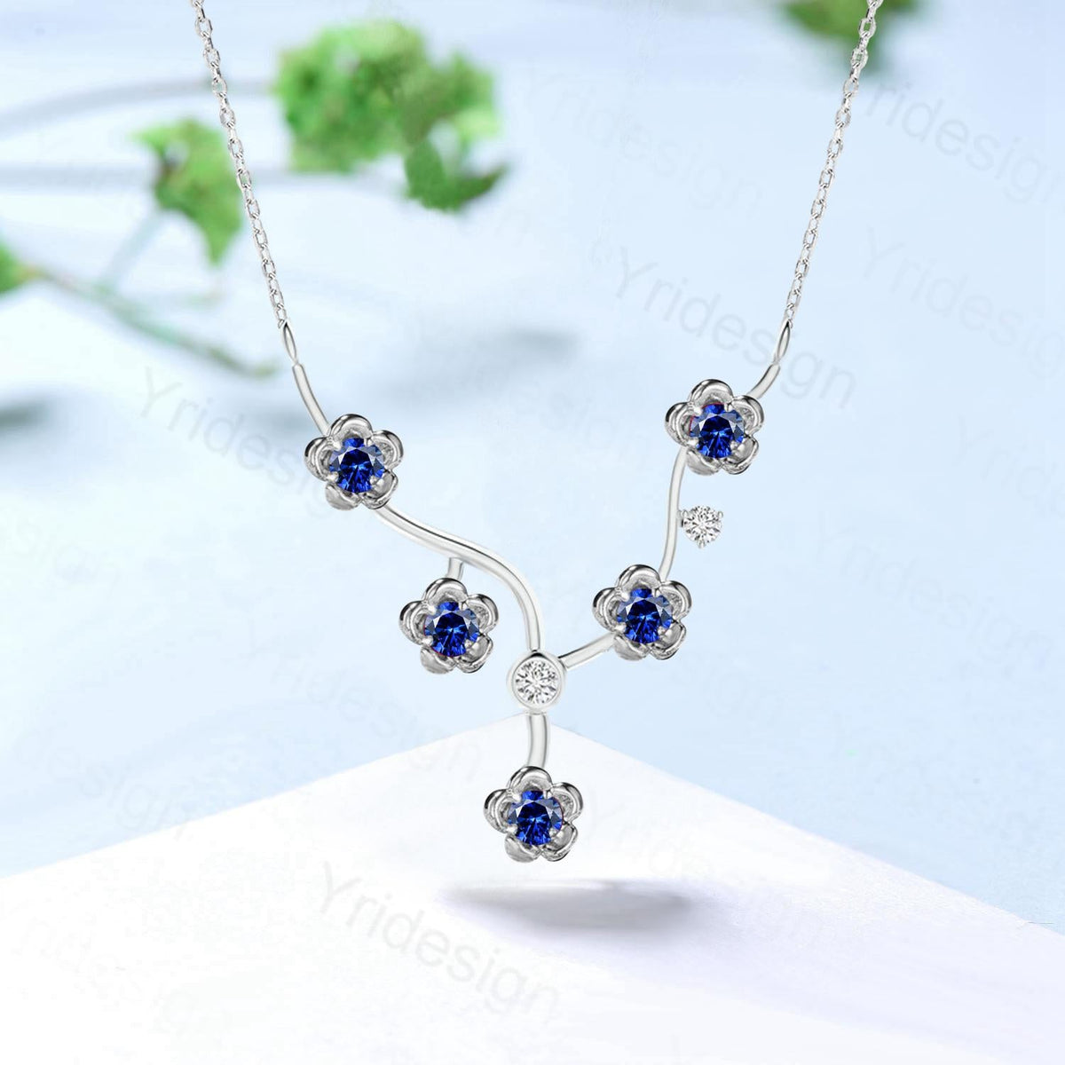 Unique Enhanced Floral Sapphire Necklace Nature Inspired Sapphire Necklace Flower Pendant Snowflake branch Promise Anniversary gift women