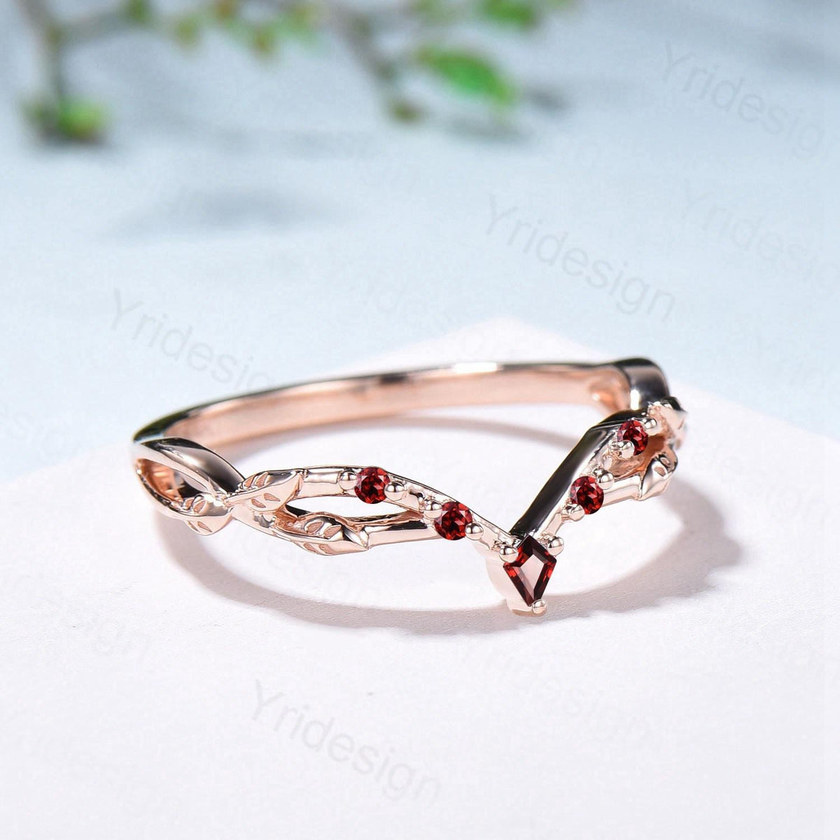 Vintage Curved Garnet Wedding Band Split Shank Promise Ring Leaf Vine January Birthstone Stackable Matching Band Evil Eye Wedding Ring Women