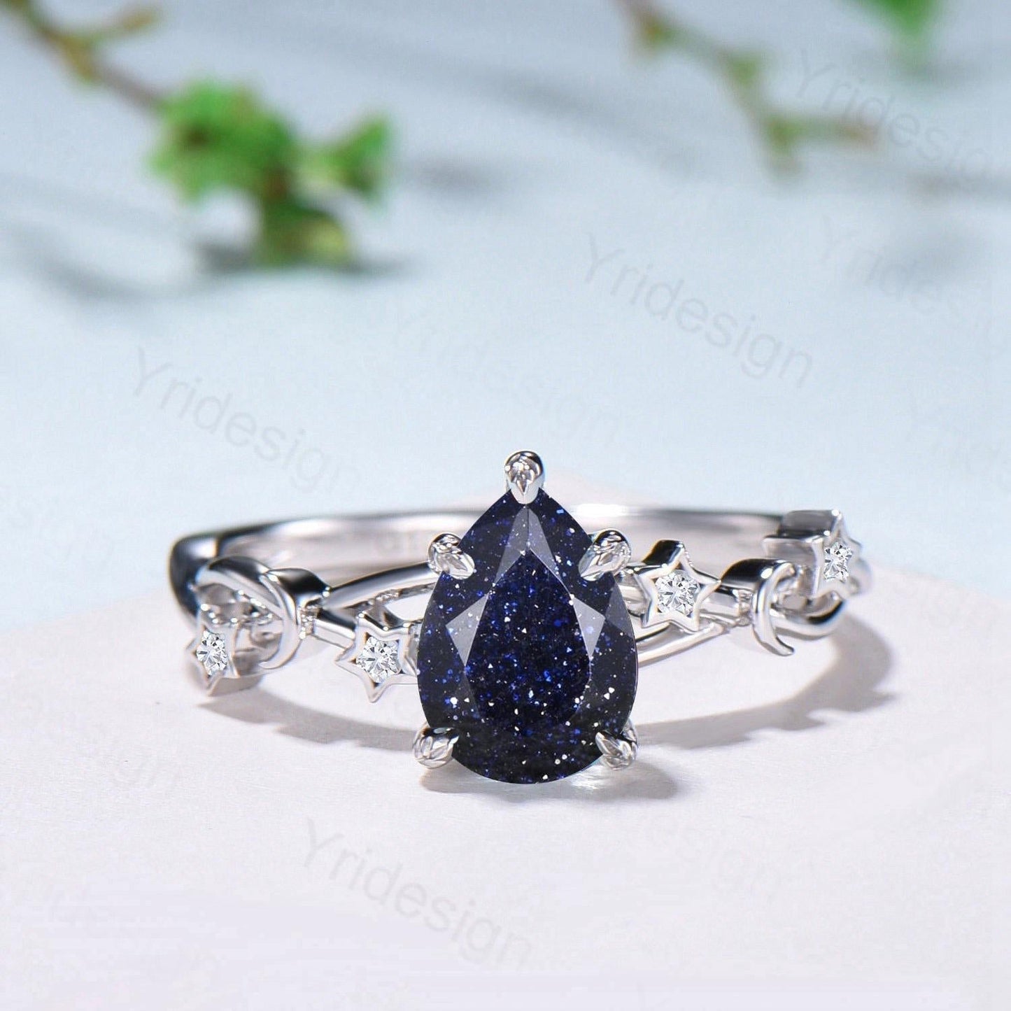 Vintage Pear Shaped Blue Sandstone Engagement Ring Moon Star Cluster Amethyst Wedding Ring Silver Gold Galaxy Leaves Prong Promise Ring