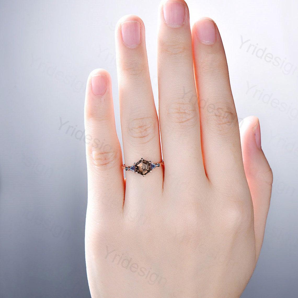 Five Stone Brown Smoky Quartz Engagement Ring Unique Trillion Alexandrite Promise Ring For Women Black Spinel Anniversary Proposal Gift