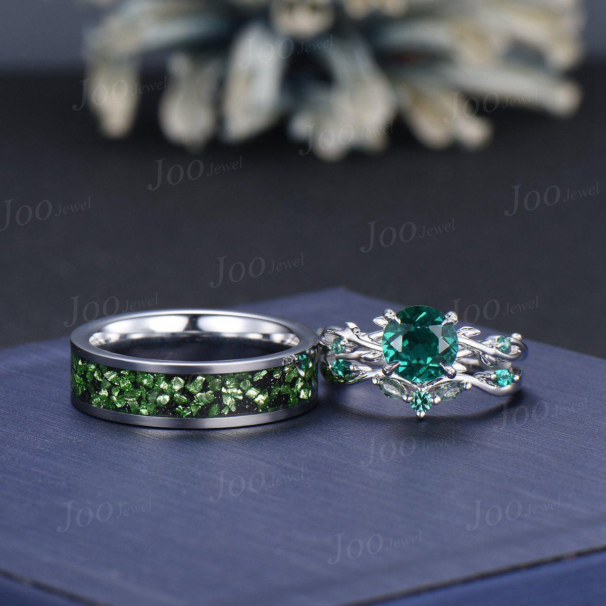 2pcs Round Green Emerald Branch Couples Ring-His and Hers Wedding Band-Sterling Silver Ring-Nature Inspired Matching Band-Anniversary Rings