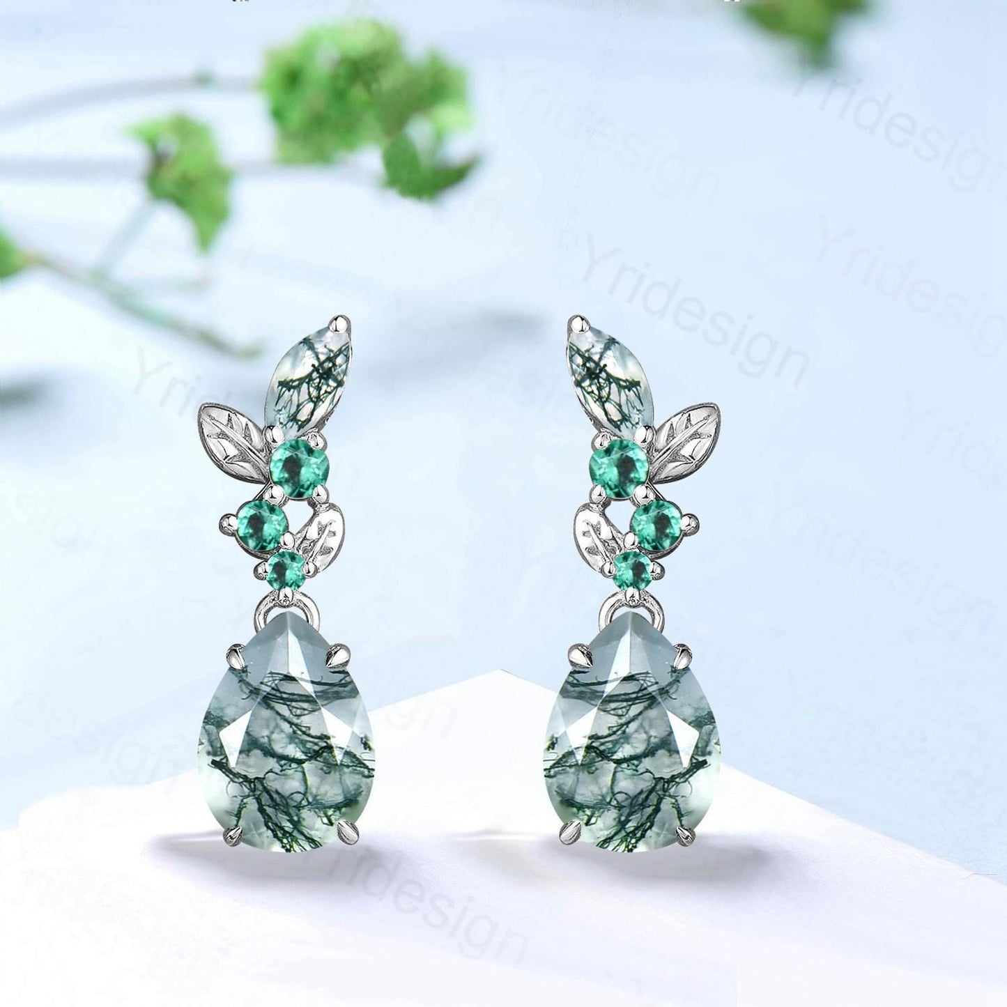 Nature Inspired Pear Moss Agate earrings Emerald Agate Leaf Stud Earrings Silver Green Crystal Earrings Handmade Anniversary Promise Gift