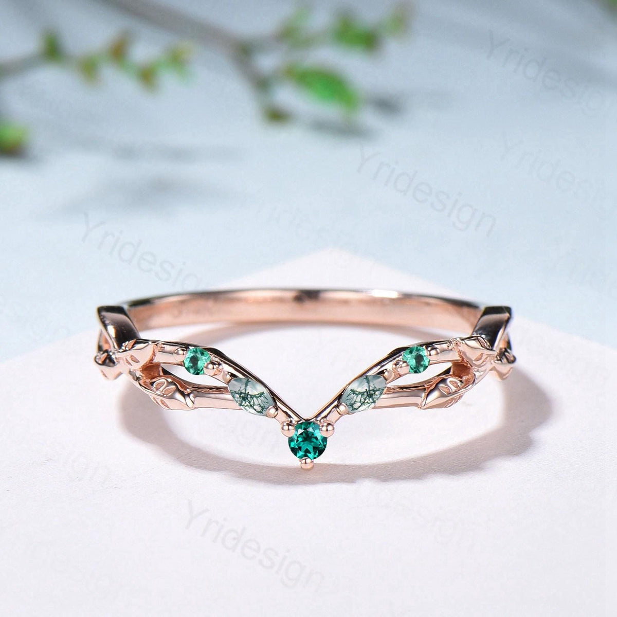 Vintage Curved Marquise Moss Agate Wedding Band Art Deco Leaf Vine Emerald  Stackable Matching Band Evil Eye Wedding Ring Anniversary Gifts