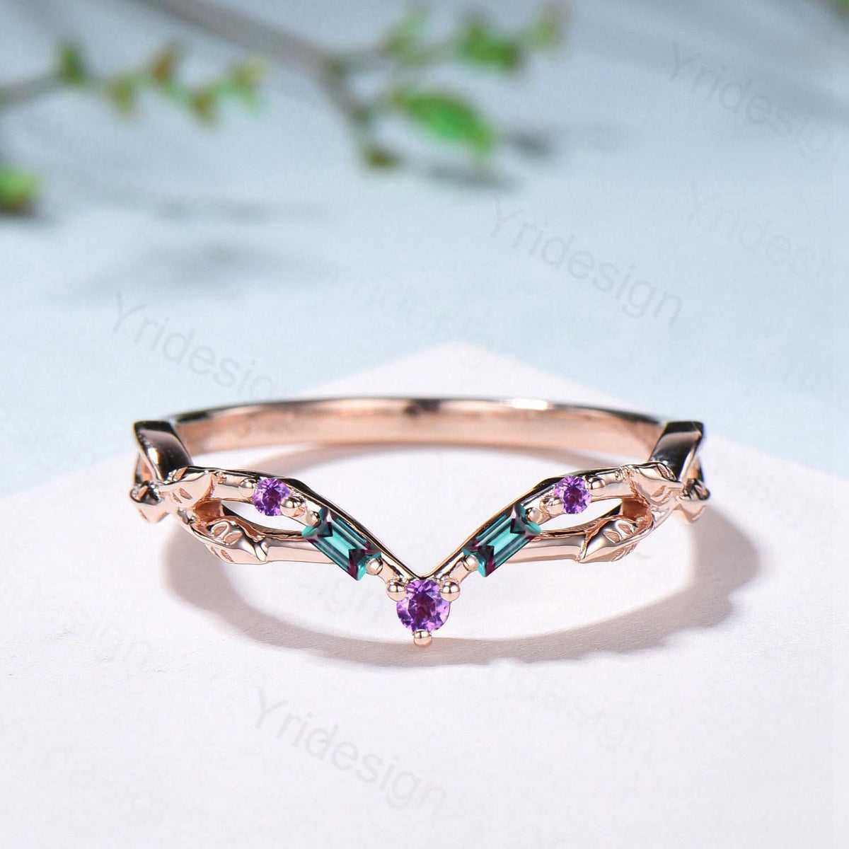Vintage Curved Baguette Alexandrite Wedding Band Leaf Vine Amethyst Wedding Ring Stackable Matching Band Evil Eye Anniversary Promise Gift