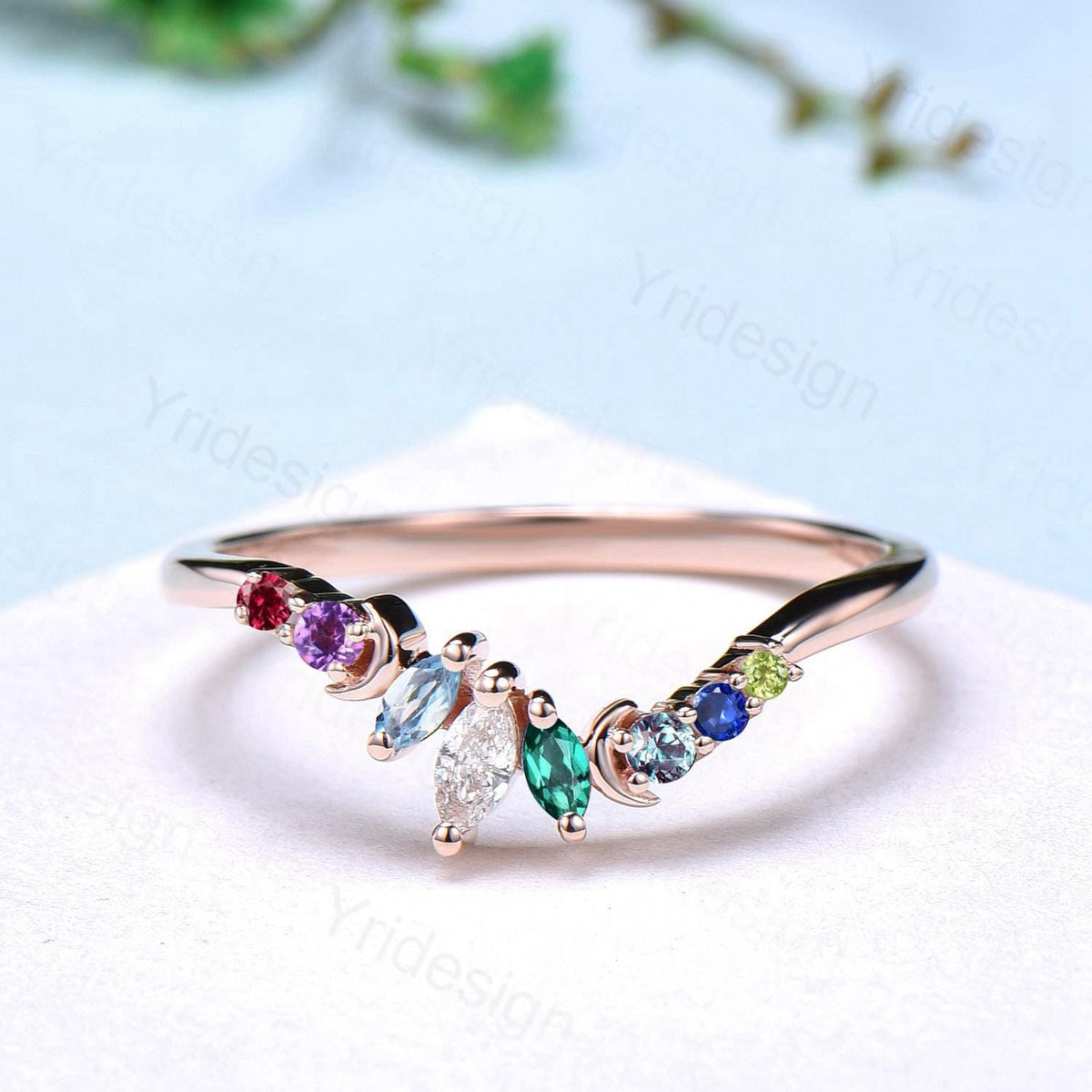 Unique Rainbow Birthstone Wedding Band Curved Marquise Cut Gemstone Moon Wedding Ring Rose Gold Art Deco Stacking Marching Band