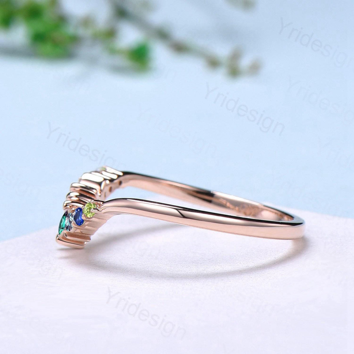 Unique Rainbow Birthstone Wedding Band Curved Marquise Cut Gemstone Moon Wedding Ring Rose Gold Art Deco Stacking Marching Band