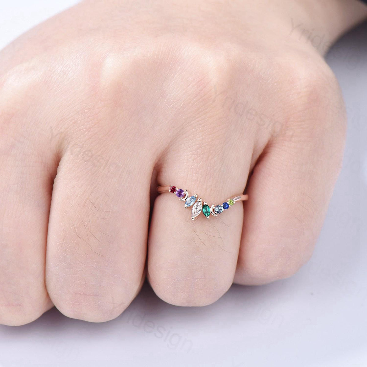 Unique Rainbow Birthstone Wedding Band Curved Marquise Cut Gemstone Moon Wedding Ring Rose Gold Art Deco Stacking Marching Band