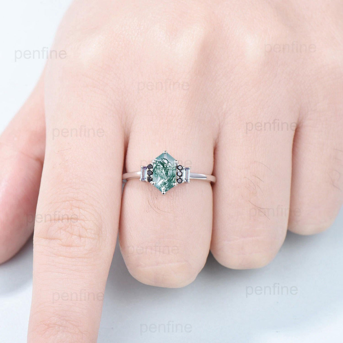 Unique Long Hexagon Cut Moss Agate Engagement Ring Baguette Alexandrite Cluster Black Spinel Wedding Ring Vintage Anniversary Bridal Gift