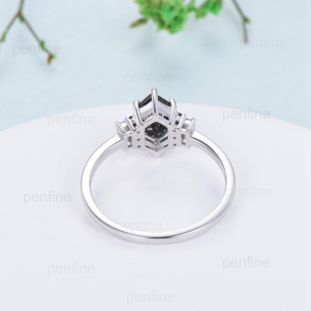 Unique Long Hexagon Cut Moss Agate Engagement Ring Baguette Alexandrite Cluster Black Spinel Wedding Ring Vintage Anniversary Bridal Gift