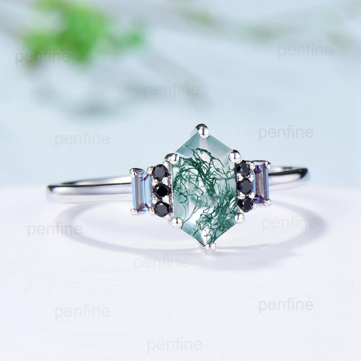 Unique Long Hexagon Cut Moss Agate Engagement Ring Baguette Alexandrite Cluster Black Spinel Wedding Ring Vintage Anniversary Bridal Gift