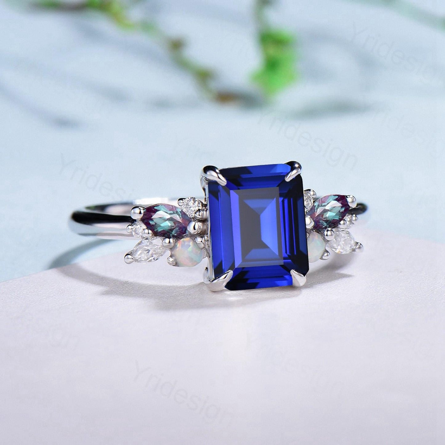 Unique Emerald Cut Blue Sapphire Engagement Ring Marquise Alexandrite Opal Wedding Ring Vintage Cluster Moissanite Anniversary Promise Ring