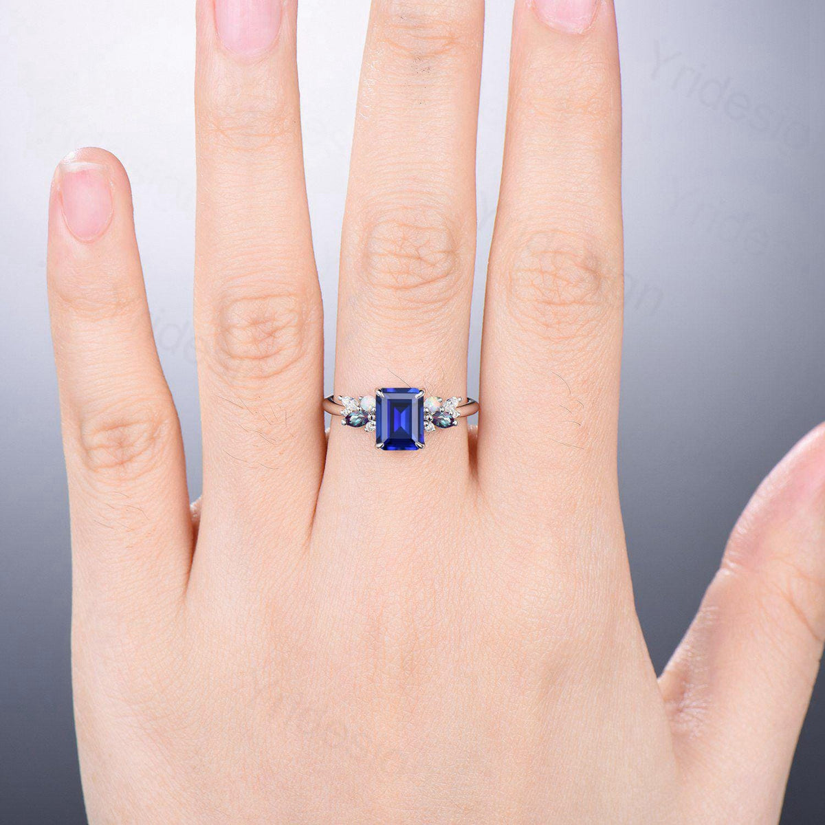 Unique Emerald Cut Blue Sapphire Engagement Ring Marquise Alexandrite Opal Wedding Ring Vintage Cluster Moissanite Anniversary Promise Ring
