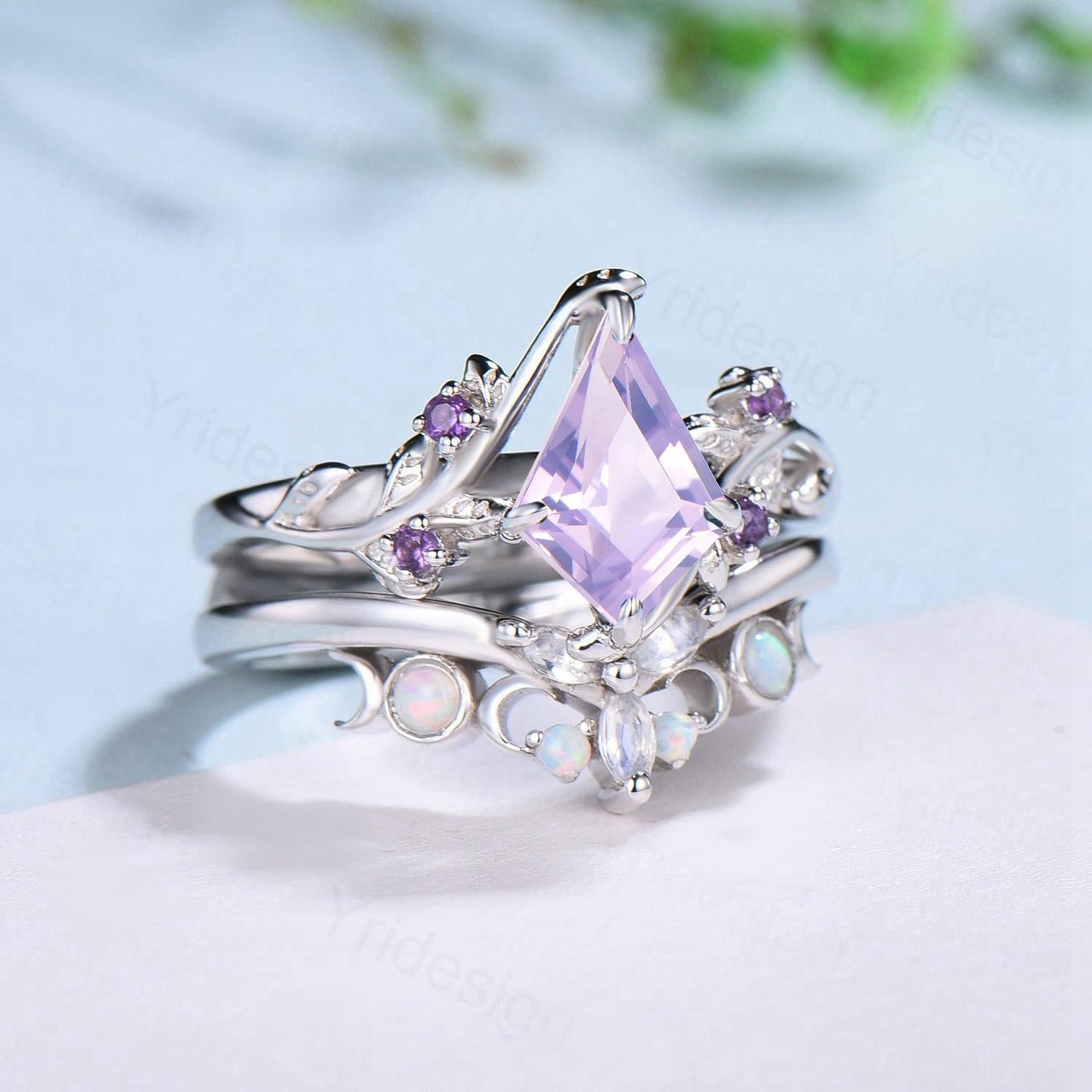 Nature Inspired kite lavender amethyst engagement ring set twig cluster amethyst wedding set Vintage marquise moonstone opal stacking ring