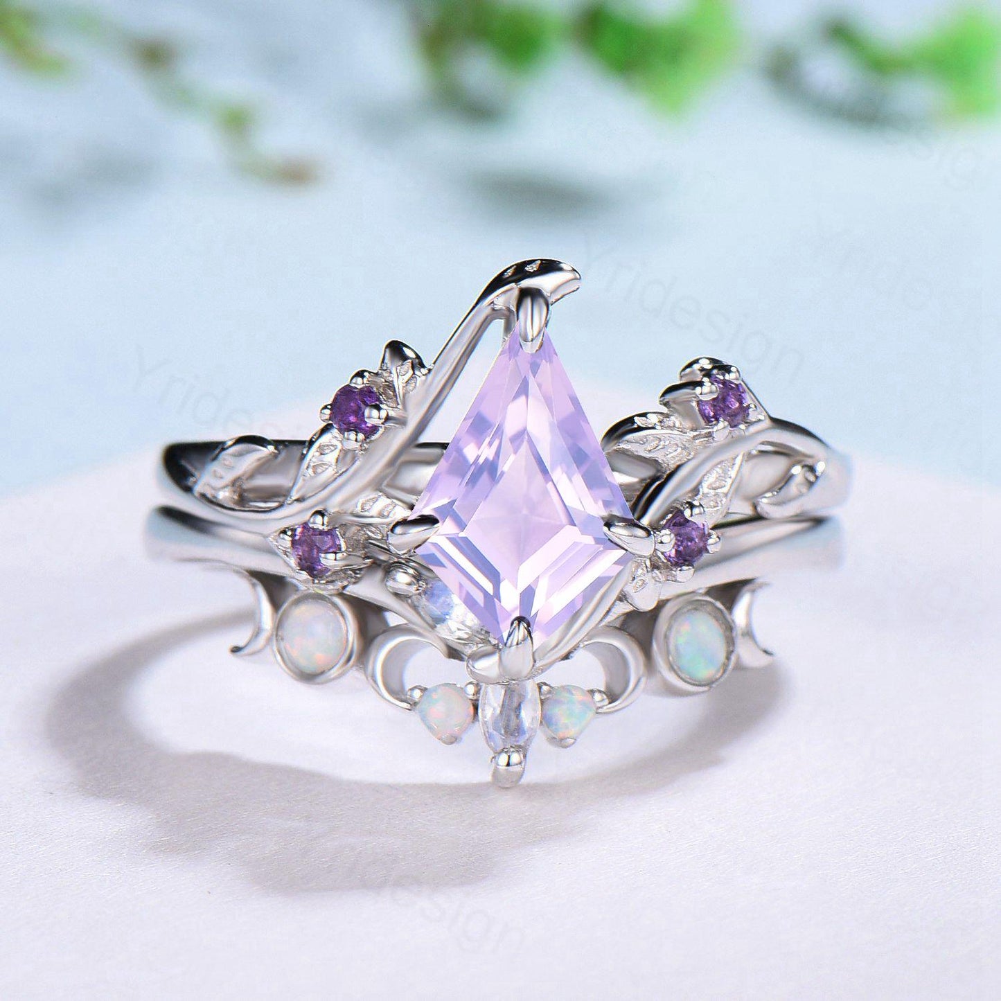 Nature Inspired kite lavender amethyst engagement ring set twig cluster amethyst wedding set Vintage marquise moonstone opal stacking ring