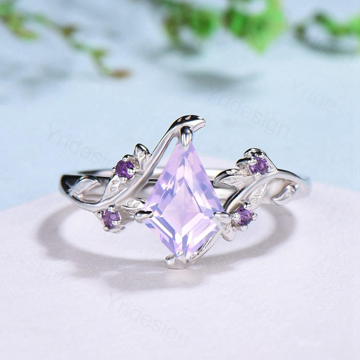 Nature Inspired kite lavender amethyst engagement ring set twig cluster amethyst wedding set Vintage marquise moonstone opal stacking ring