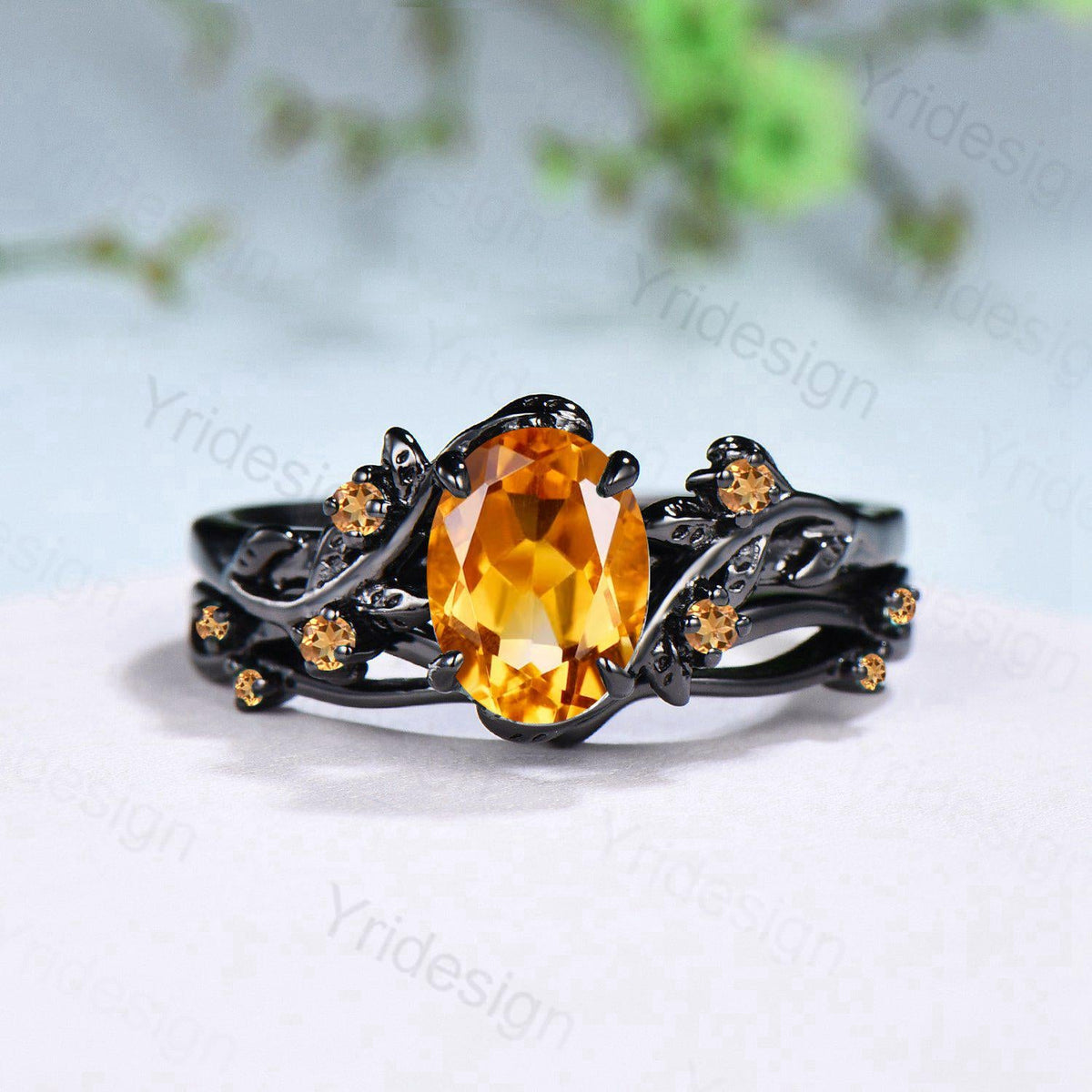 Unique black gold citrine ring set Nature Inspired yellow citrine engagement ring vintage Leaf branch wedding ring set November birthstone