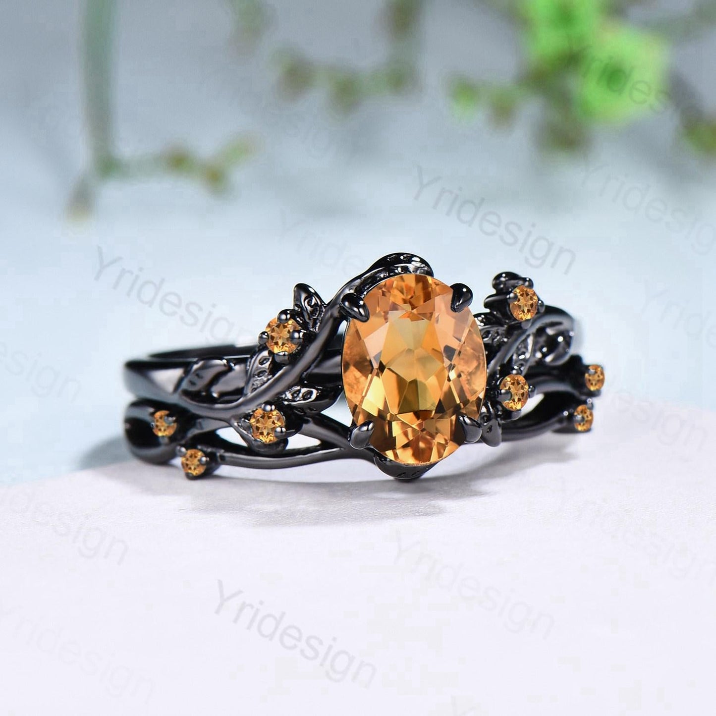 Unique black gold citrine ring set Nature Inspired yellow citrine engagement ring vintage Leaf branch wedding ring set November birthstone