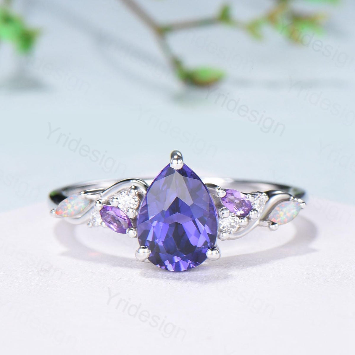 Celestial Tear Purple Sapphire Ring - Deep Purple & Iridescent Opal