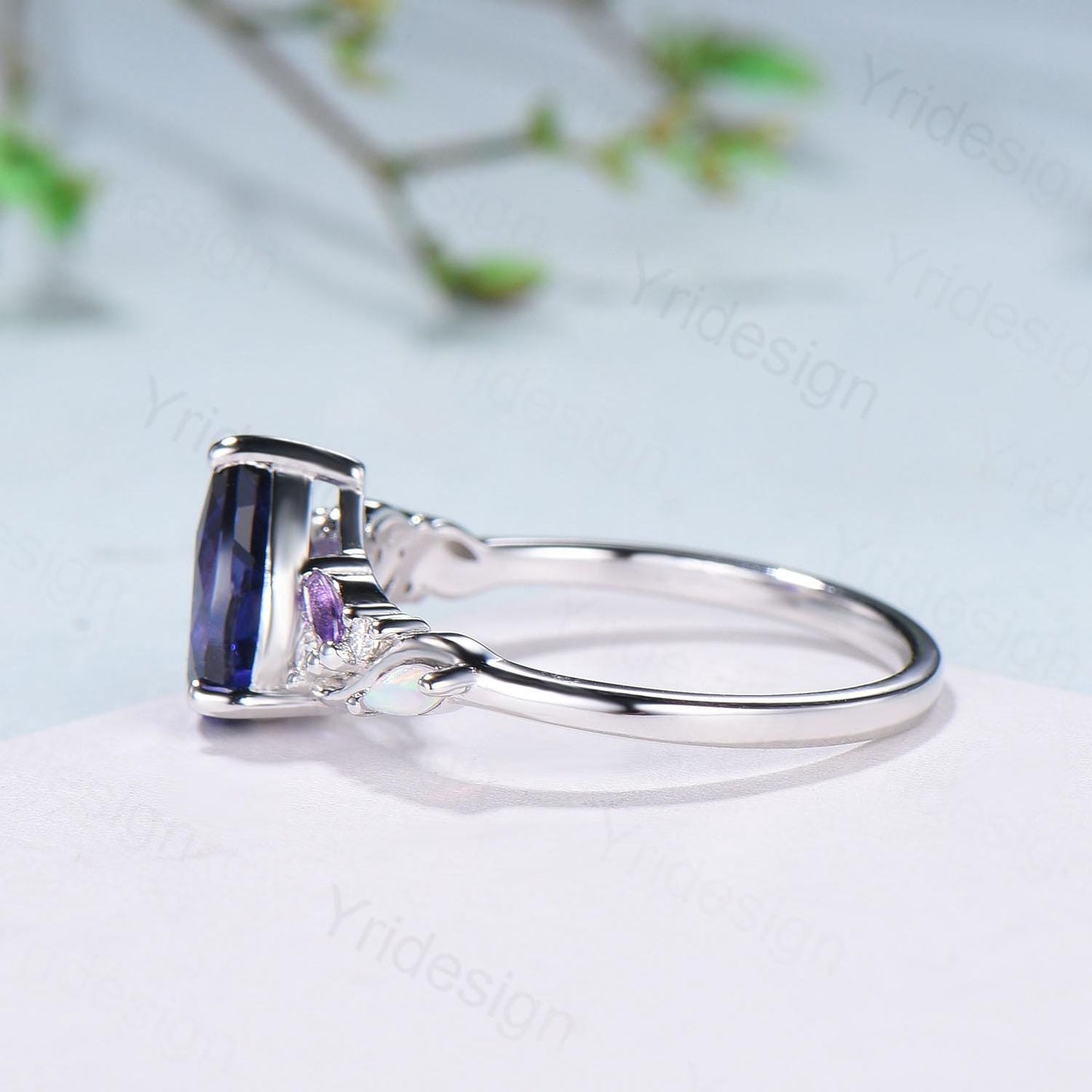 Celestial Tear Purple Sapphire Ring - Deep Purple & Iridescent Opal