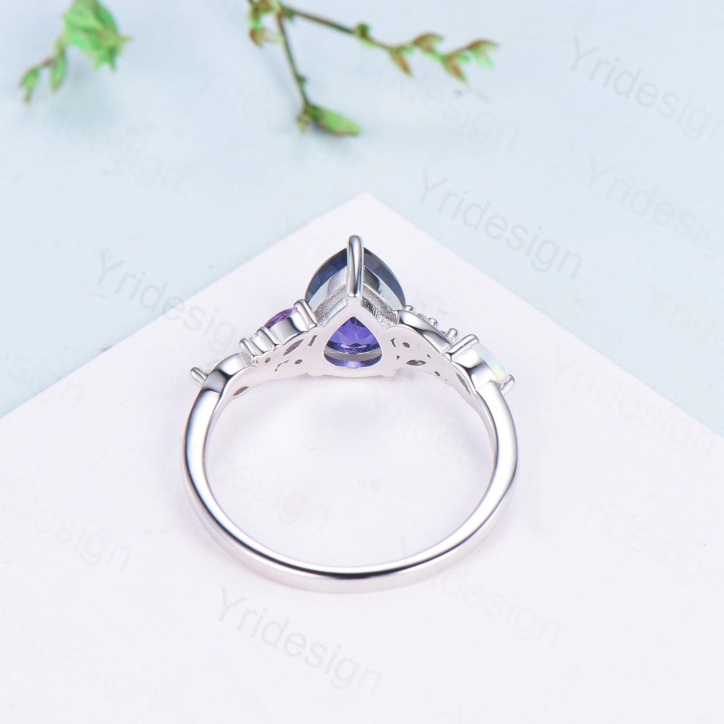 Celestial Tear Purple Sapphire Ring - Deep Purple & Iridescent Opal