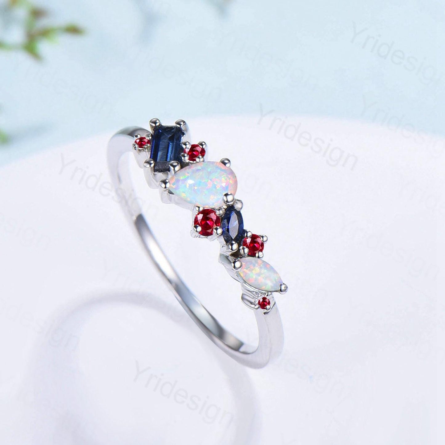 Vintage Multi Stone Ring Pear and Marquise Opal Wedding Ring Baguette Sapphire Wedding Band Unique Ruby Stacking Matching band Birthday Gift