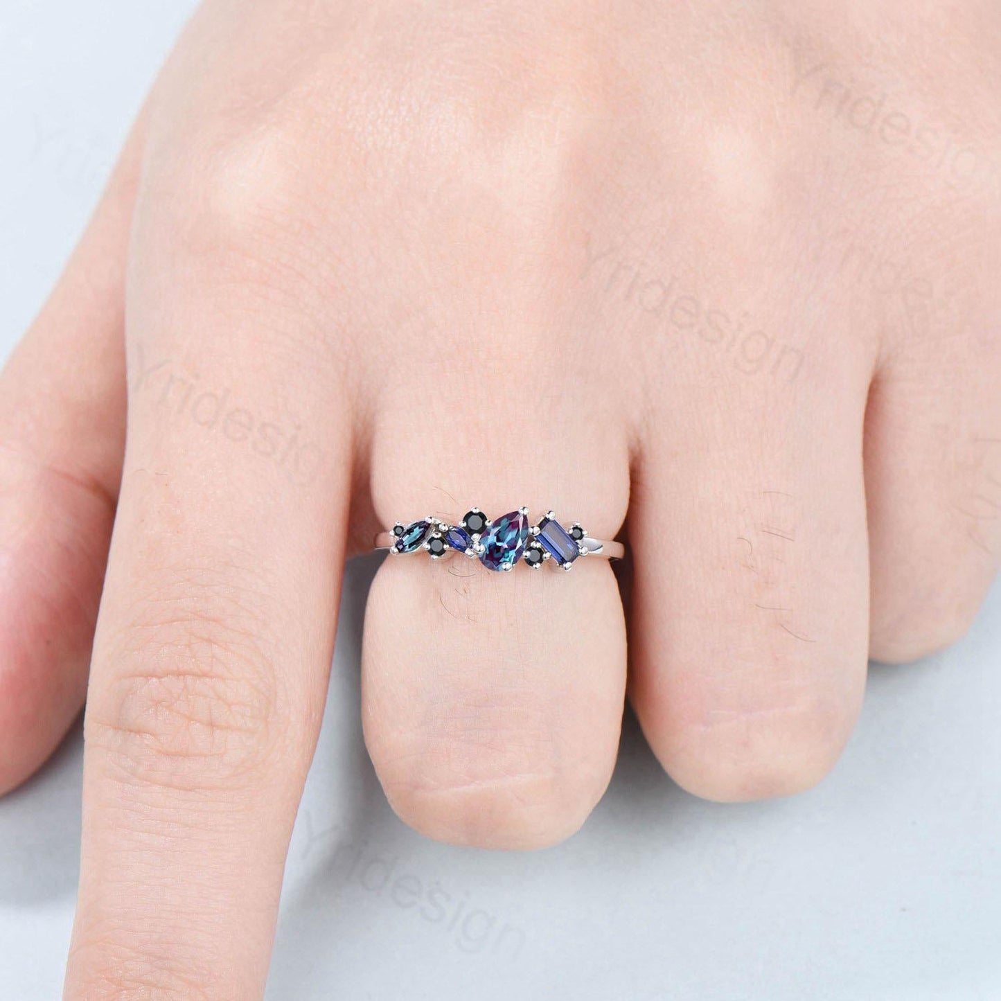 Vintage Multi Stone Ring, Pear and Marquise Alexandrite Wedding Ring, Baguette Sapphire Wedding Band, Unique Spinel Stacking Matching Band