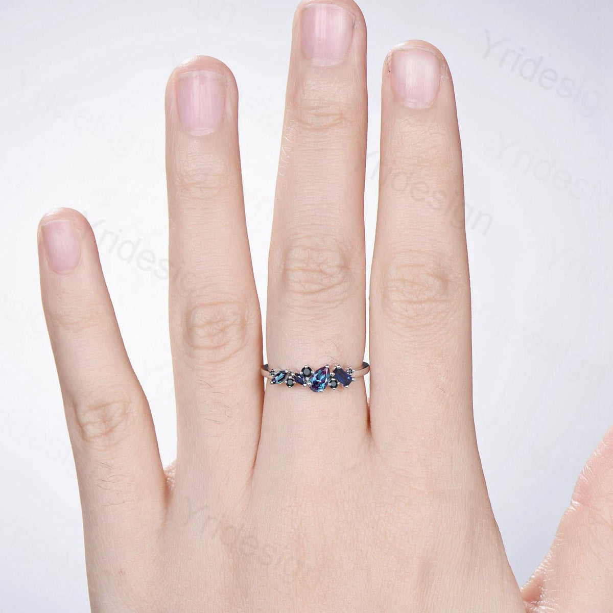 Vintage Multi Stone Ring, Pear and Marquise Alexandrite Wedding Ring, Baguette Sapphire Wedding Band, Unique Spinel Stacking Matching Band