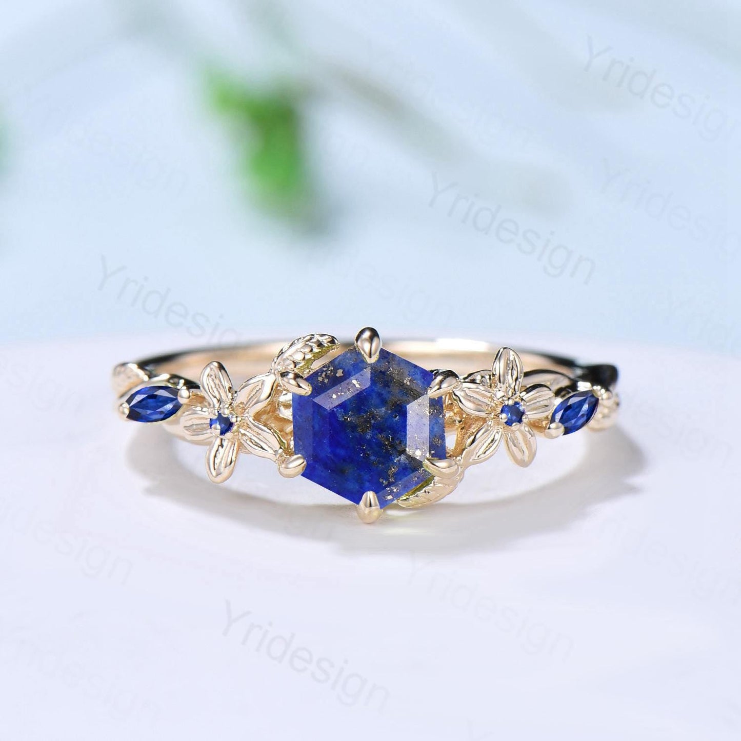 Vintage Lapis Lazuli Ring Floral Hexagon Cut Lapis Lazuli Engagement Ring 14K Yellow Gold Leaves Twisted Garden Inspired Wedding Ring Women